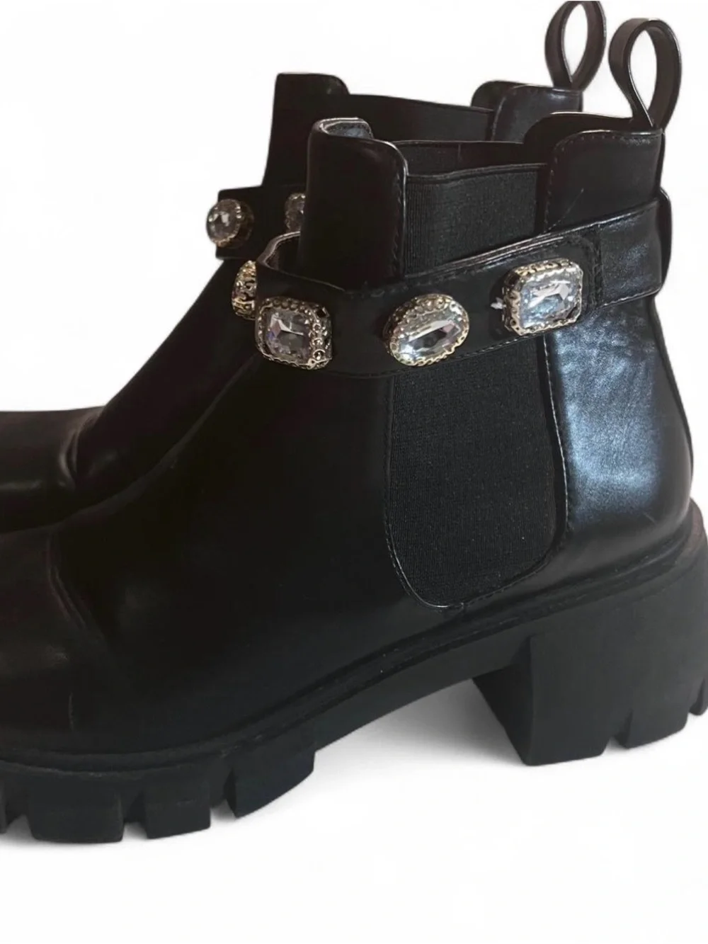 Madden Girl Black Chunky Chelsea Booties with Crystal Strap